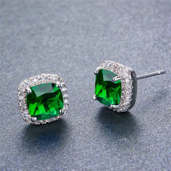 LIveChicStyle Jewelry - Green Emerald Diamond Halo Earrings Ear Ring